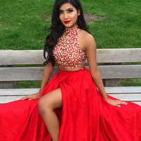 Two Pieces Red Satin Prom Dresses Crystals Women Party Dresses - Thumbnail 1
