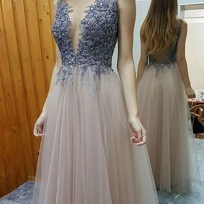 Sexy a-line tulle prom dresses beaded floor length women dresses