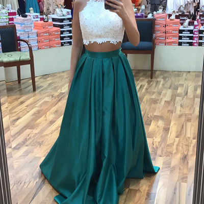 Spaghetti straps a-line satin prom dresses two pieces women party dresses