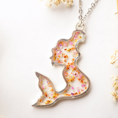 Real dried flowers in resin necklace, silver mermaid in pink orange yellow mix