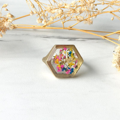 Real pressed flower and resin hexagon gold ring in yellow pink and blue