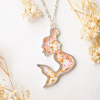 Real Dried Flowers in Resin Necklace, Silver Mermaid in Pink Orange Yellow Mix - Thumbnail 1