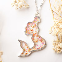 Real Dried Flowers in Resin Necklace, Silver Mermaid in Pink Orange Yellow Mix - Thumbnail 3