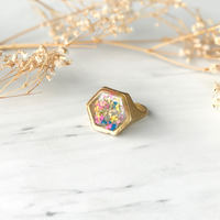 Real Pressed Flower and Resin Hexagon Gold Ring in Yellow Pink and Blue - Thumbnail 2