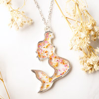 Real Dried Flowers in Resin Necklace, Silver Mermaid in Pink Orange Yellow Mix - Thumbnail 4