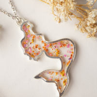 Real Dried Flowers in Resin Necklace, Silver Mermaid in Pink Orange Yellow Mix - Thumbnail 5