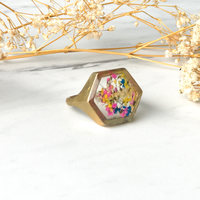 Real Pressed Flower and Resin Hexagon Gold Ring in Yellow Pink and Blue - Thumbnail 3