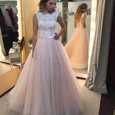 Scoop neck a-line tulle prom dresses lace women party dresses