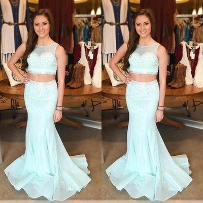 Two pieces mermaid chiffon prom dresses scoop neck women dresses