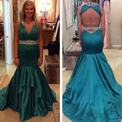 Halter neck mermaid satin prom dresses crystals floor length women dresses - Thumbnail 5