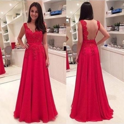 Scoop Neck A-line Red Chiffon Prom Dresses Lace Women Party Dresses