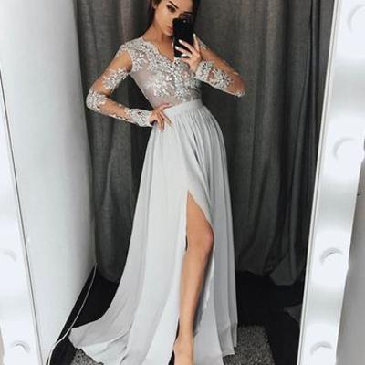 Stylish long sleeve lace a line prom dress, gray long evening dresses,pd171801 - Thumbnail 5