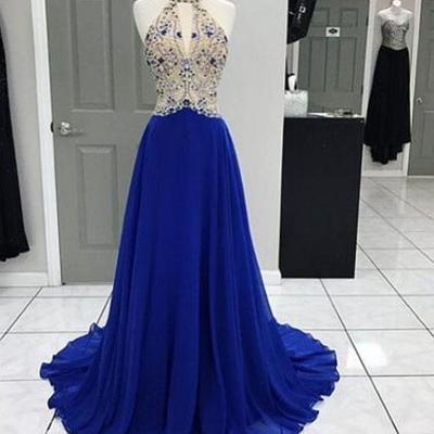 Unique royal blue chiffon a line long prom dress with beading, formal dresses,pd171803 - Thumbnail 5