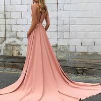 Simple A line pink long prom dress with train, pink evening dress,PD171804 - Thumbnail 1