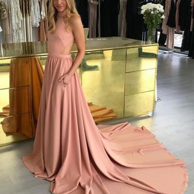 Simple a line pink long prom dress with train, pink evening dress,pd171804 - Thumbnail 4