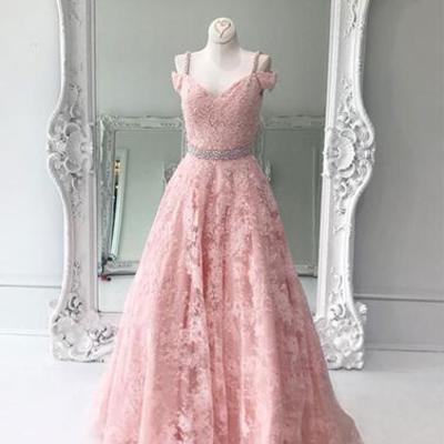 Pink off shoulder lace long prom dress, pink lace evening dress,pd171805 - Thumbnail 5