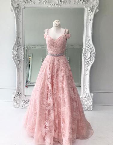 Pink off shoulder lace long prom dress, pink lace evening dress,PD171805