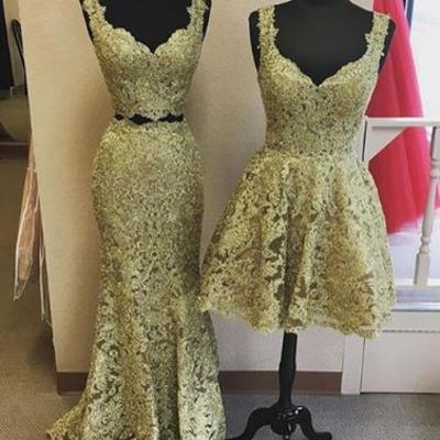 Unique gold lace v neck long prom dress, homecoming dress,pd171806 - Thumbnail 5