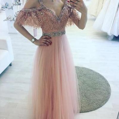 Pink v neck lace a line long prom dress, pink evening dress,pd171808 - Thumbnail 4