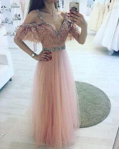 Pink v neck lace A line long prom dress, pink evening dress,PD171808