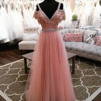 Pink v neck lace A line long prom dress, pink evening dress,PD171808 - Thumbnail 1