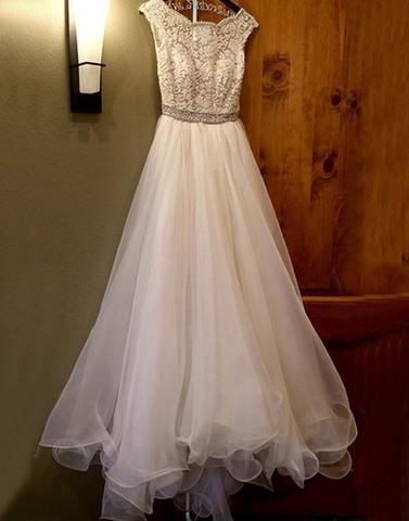 White lace tulle A lin long prom dress, white evening dress,PD171811