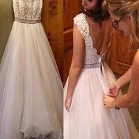 White lace tulle A lin long prom dress, white evening dress,PD171811 - Thumbnail 1