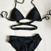 Black Criss Cross Bandage Two Pieces Swimwear for Girls Strappy Halter Cut Out Bikini Swimsuit for Teen - Thumbnail 1