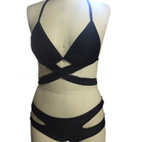 Black Criss Cross Bandage Two Pieces Swimwear for Girls Strappy Halter Cut Out Bikini Swimsuit for Teen - Thumbnail 2