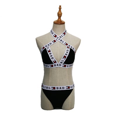 Cross straps letter print 2pcs bikini swimwear for girl with bandage back - Thumbnail 3