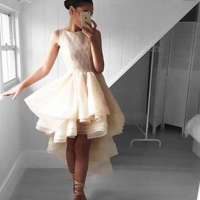 Champagne a line lace high low prom dress, homecoming dress,pd171812
