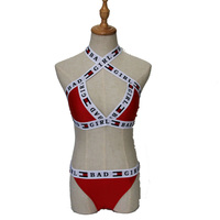 Cross Straps Letter Print 2PCs Bikini Swimwear for Girl with Bandage Back - Thumbnail 2