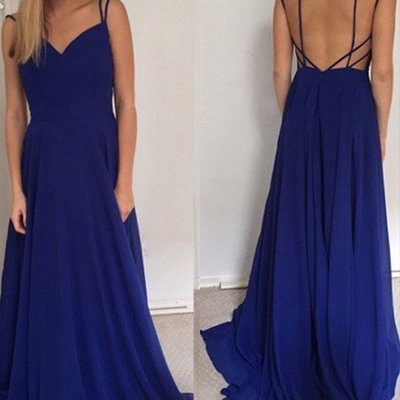 Open back blue chiffon prom dresses spaghetti straps women party dresses