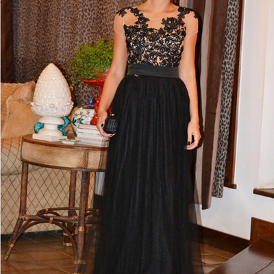Black tulle prom dresses lace appliques scoop neck women dresses