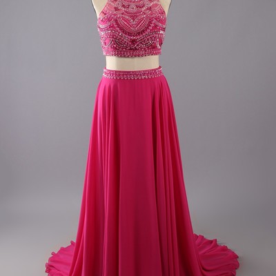 Two pieces long chiffon prom dresses crystals women party dresses - Thumbnail 5