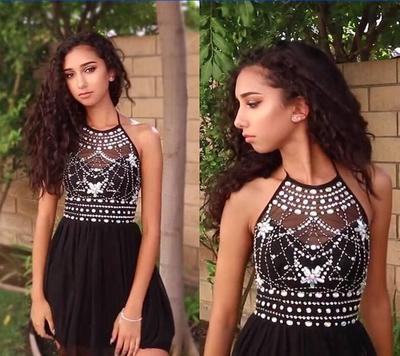  Halter Homecoming Dress, Beaded Top Homecoming Dress, Black Short Prom Dress