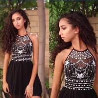 Halter Homecoming Dress, Beaded Top Homecoming Dress, Black Short Prom Dress - Thumbnail 1
