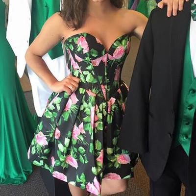 Printing green leaves homecoming dresses, satin homecoming dresses,sweetheart homecoming dresses, party dress,graduation dress 