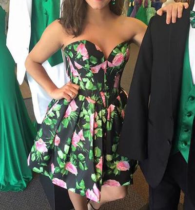 Printing Green Leaves Homecoming Dresses, Satin Homecoming Dresses,Sweetheart Homecoming Dresses, Party Dress,Graduation Dress 