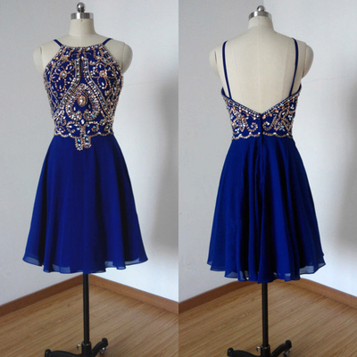  fabulous beaded short prom dresses, backless halter chiffon homecoming dresses, royal blue mini prom dress