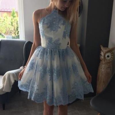 A-line blue lace short homecoming dress, mini short homecoming dresses