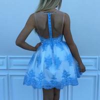 A-line Blue Lace Short Homecoming Dress, Mini Short Homecoming Dresses - Thumbnail 2