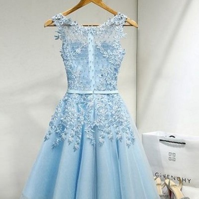  elegant scoop neck appliques sky blue homecoming dress, mini short homecoming dresses