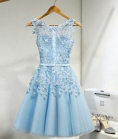 Elegant Scoop Neck Appliques Sky Blue Homecoming Dress, Mini Short Homecoming Dresses