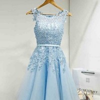  Elegant Scoop Neck Appliques Sky Blue Homecoming Dress, Mini Short Homecoming Dresses - Thumbnail 3
