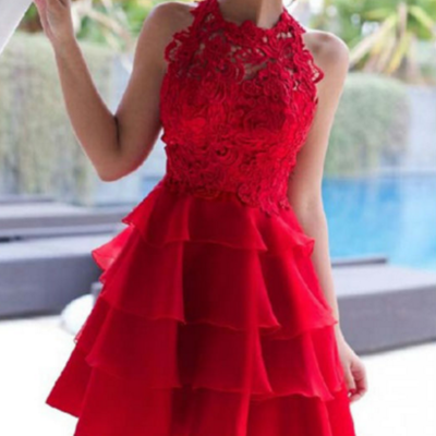 Red tulle ruffles a-line cocktail dresses 2017 scoop lace appliques tank zipper back knee length prom dress