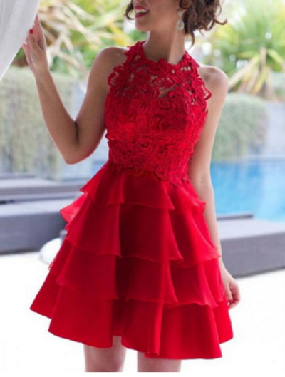 Red Tulle Ruffles A-Line Cocktail Dresses 2017 Scoop Lace Appliques Tank Zipper Back Knee Length Prom Dress