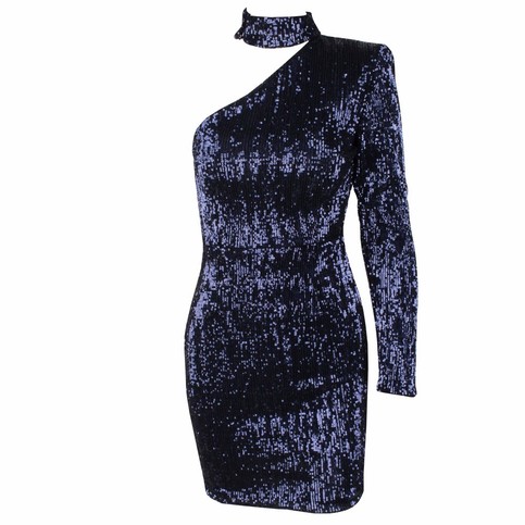 Navy Elegant Sequins Cut Out Shoulder Bodycon Elastic Dress