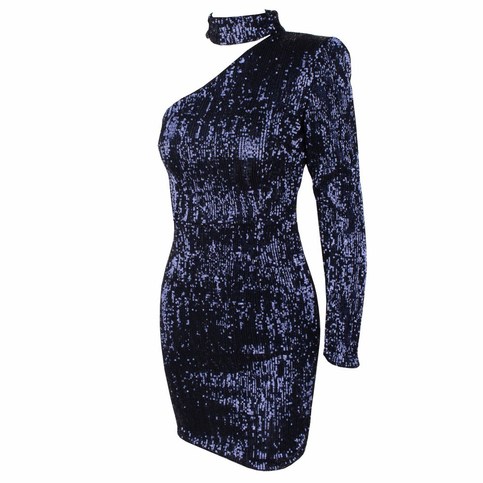 Navy Elegant Sequins Cut Out Shoulder Bodycon Elastic Dress