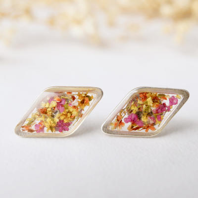 Real dried flowers and resin diamond stud earrings in orange yellow and pink mix